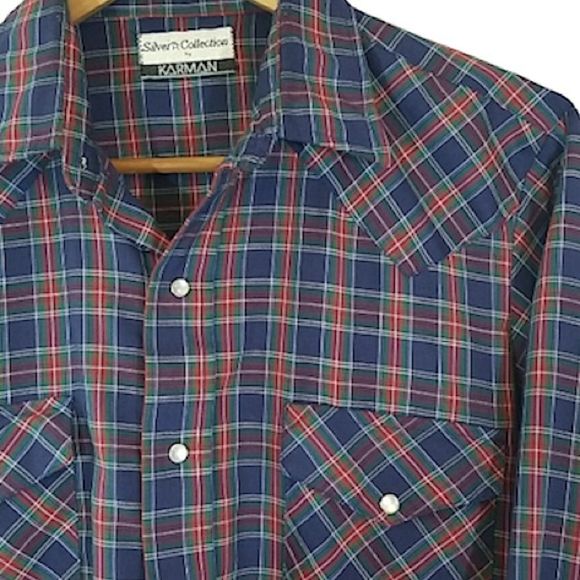 Vintage Karman Silver Collection Plaid Western Snap Shirt sz M - Picture 5 of 9